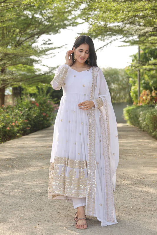 White Zari Embroidered Anarkali Kurta Set