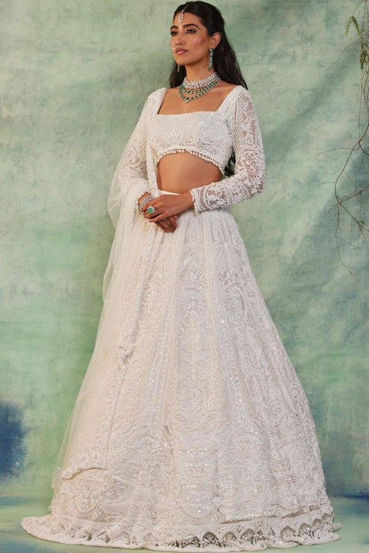 Cream Net Lehenga with Sequin Work