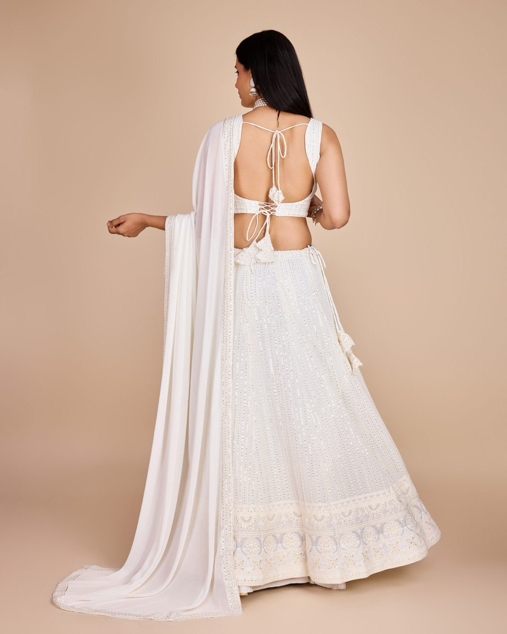 White Sequin Thread Embroidery Lehenga Set