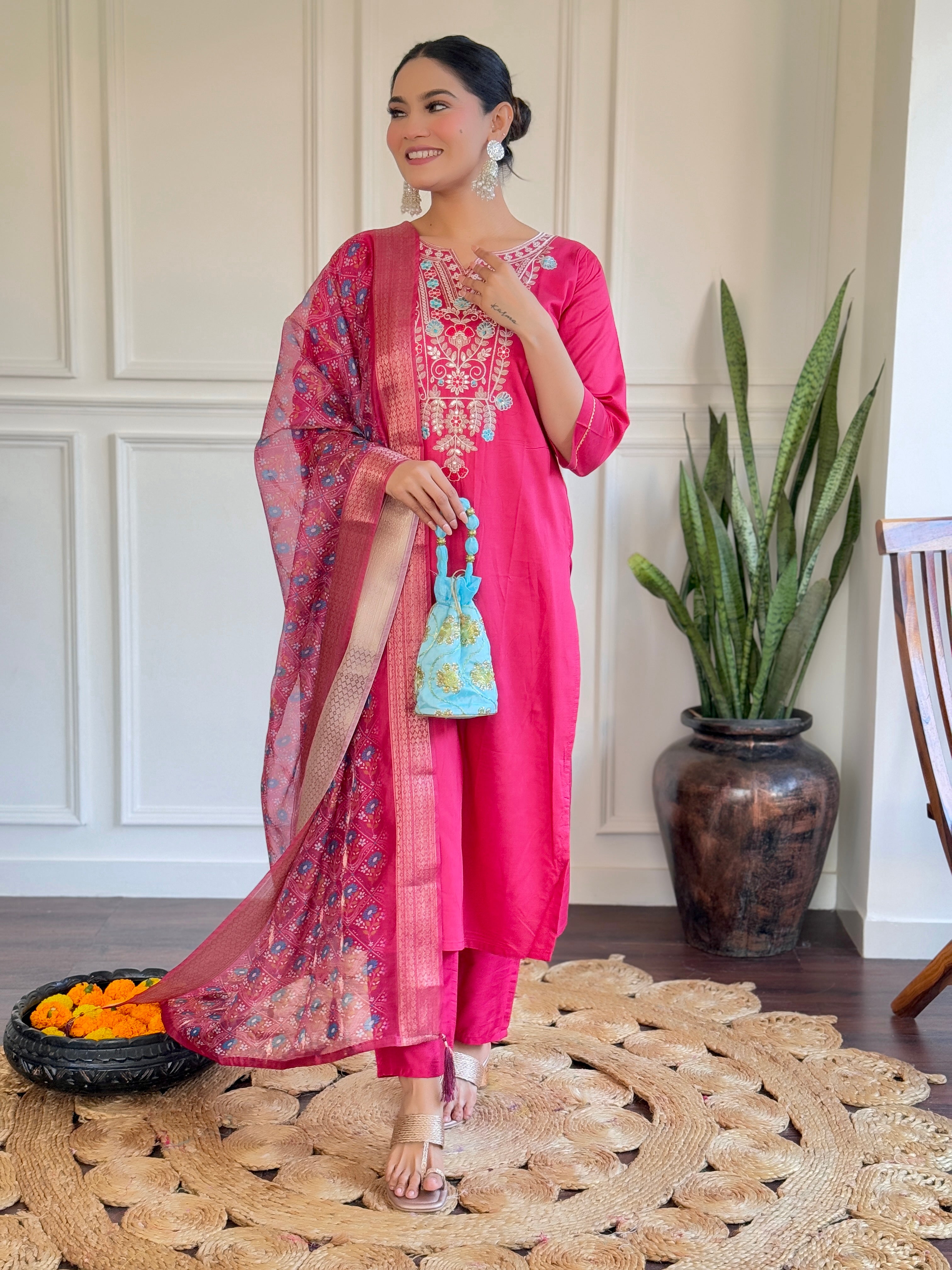 Pink Chanderi Embroidered Kurta