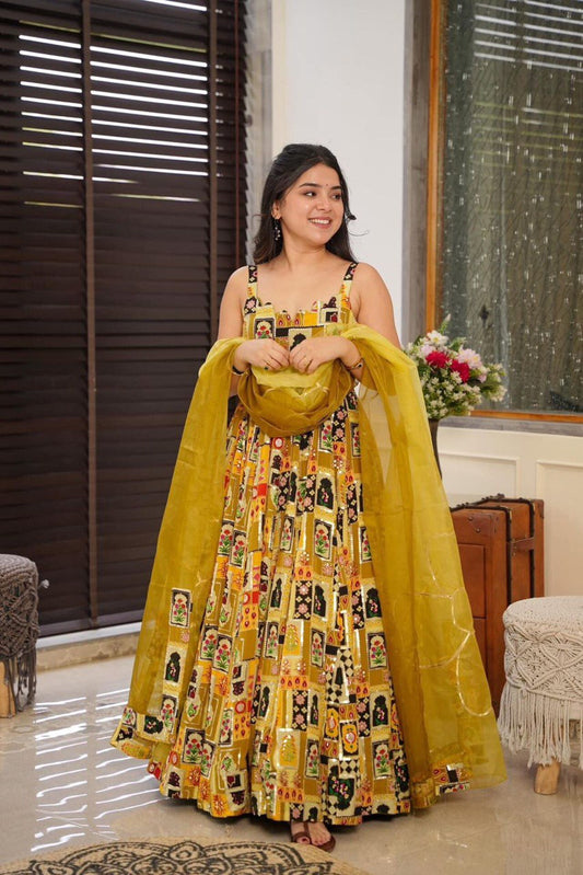 Yellow Abstract Print Anarkali Kurta Set