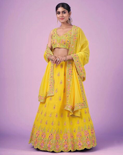 Yellow Floral Embroidery Mirror Work Lehenga