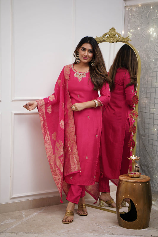 Redish Viscose Chanderi Embroidery Kurta