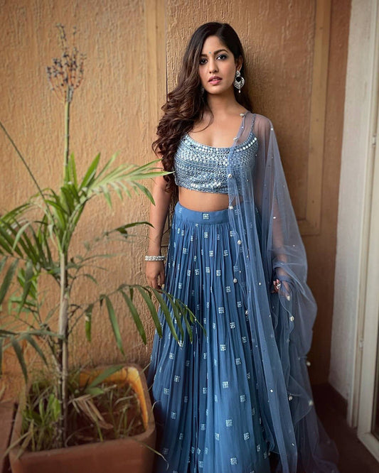 Light Blue Buti Embroidery Lehenga