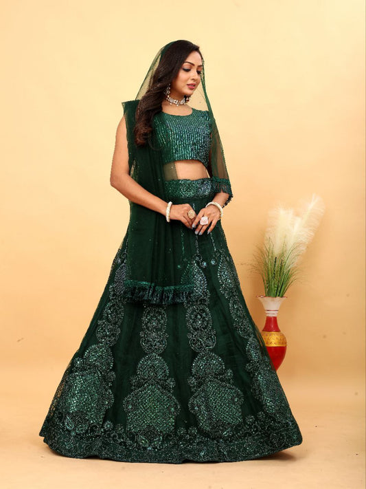 Green Embroidered Party Wear Lehenga