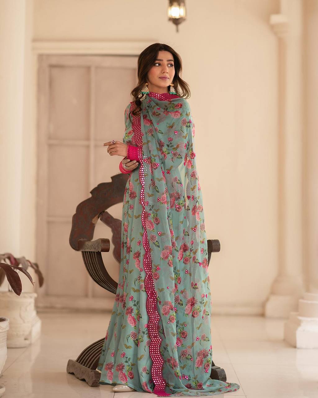 Light Blue Floral Printed Anarkali Kurta Set