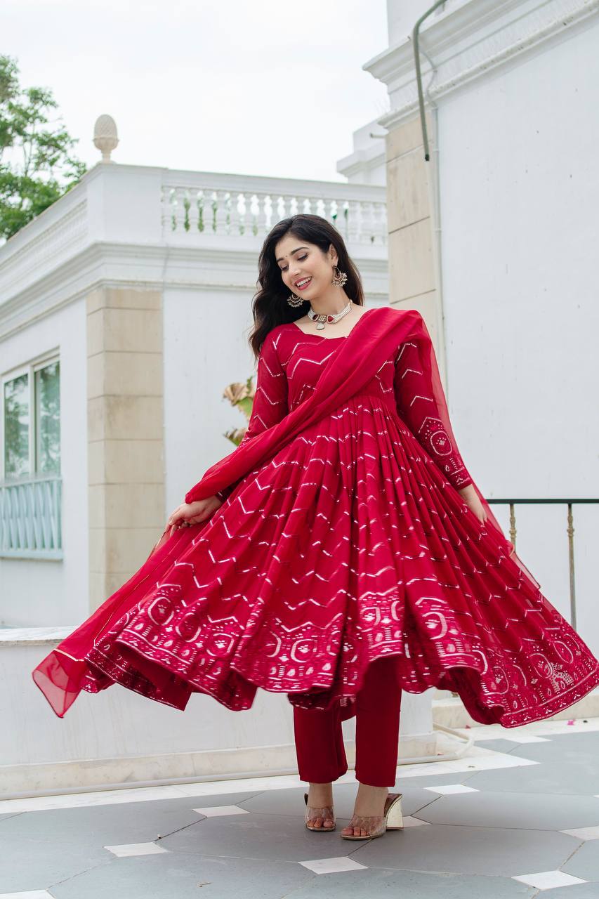 Maroon Tonal Embroidered Anarkali Kurta Set