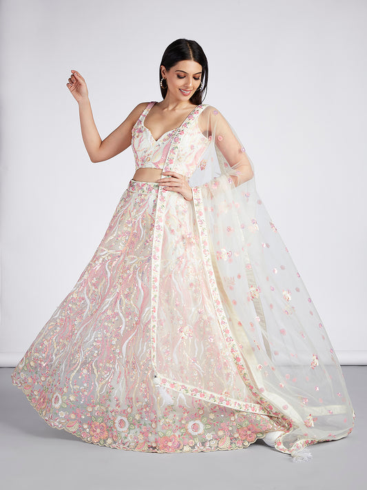 Cream Net Sequins and thread embroidery Lehenga Set