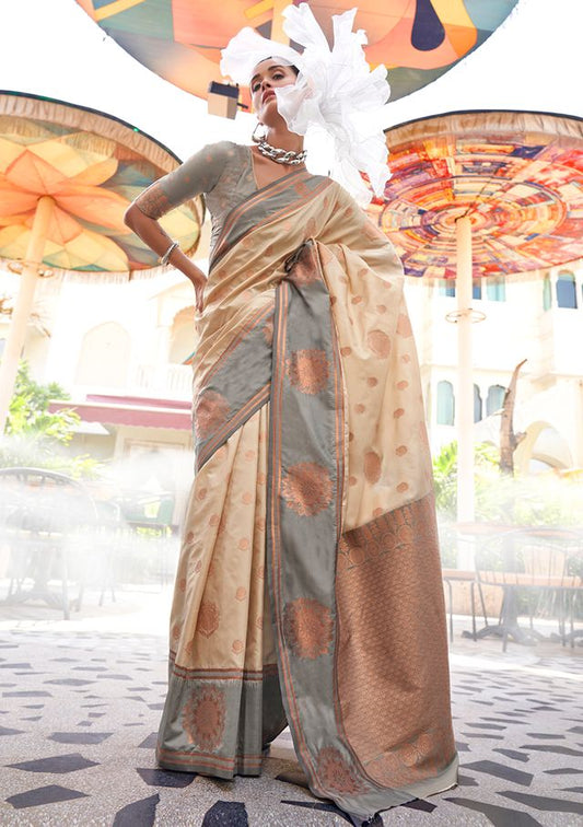 Cream Woven Ethnic Sarees