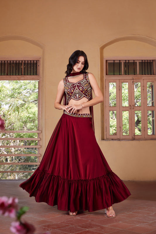 Maroon Embroidered Blouse Lehenga Set