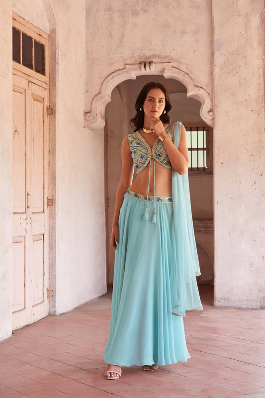 Jade Green Embroidered Blouse Lehenga Set