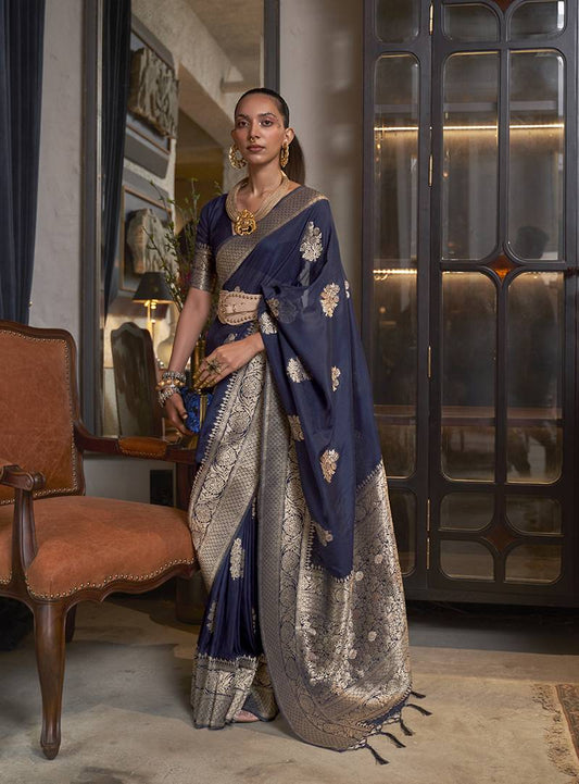 Navy blue woven saree