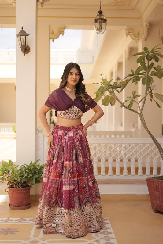 Wine Yoke Embroidered Lehenga Set