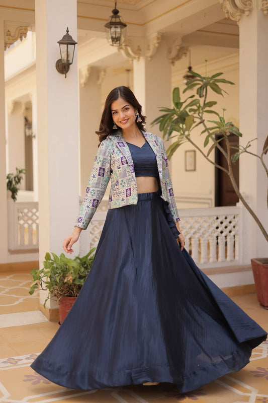 Blue Crop Jacket Lehenga Set