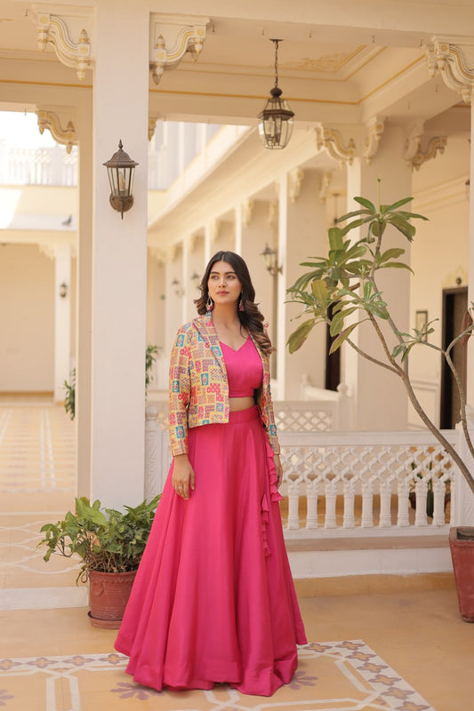 Pink Crop Jacket Lehenga Set