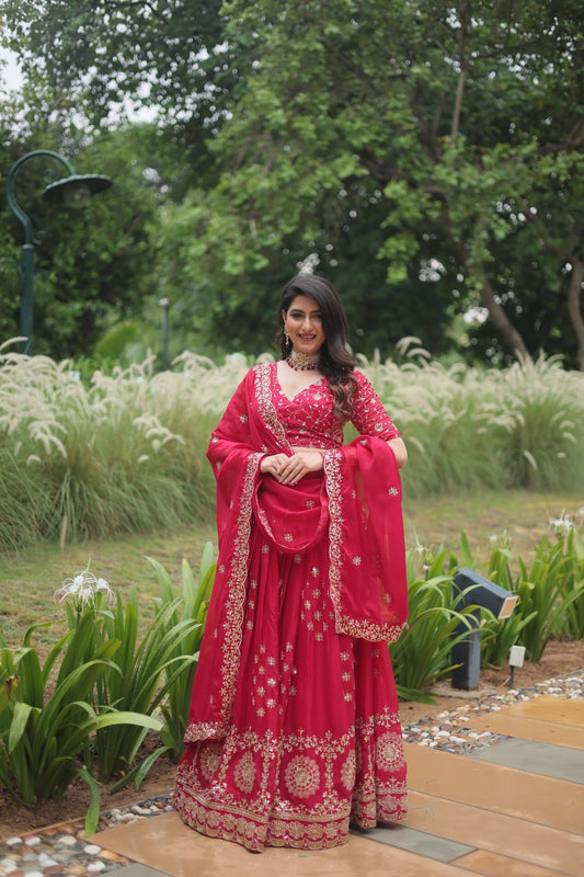 Red Intricate Tread & Sequin Work Lehenga