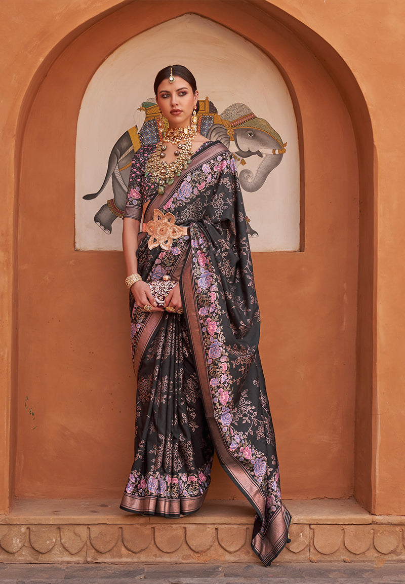 Black Floral Print Silk Saree