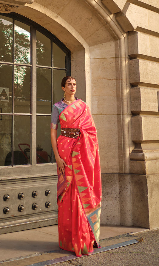 Â Scarlet red woven saree