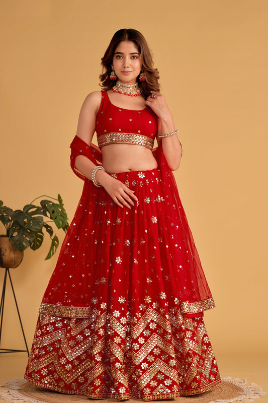 Red Women's Georgette Embroidery Lehenga Choli