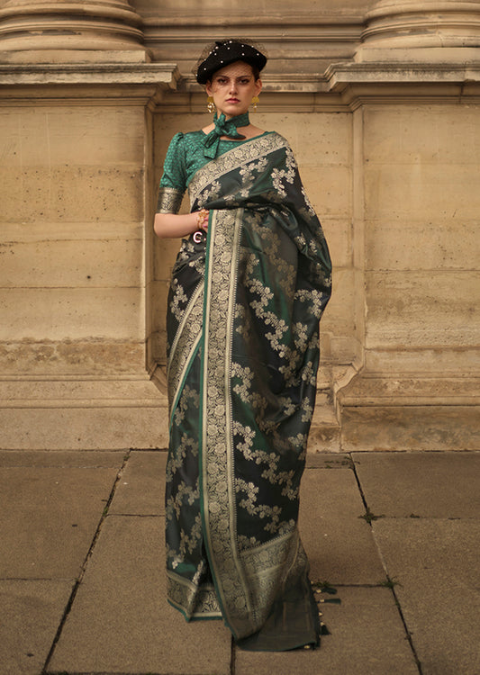 Dark green woven saree