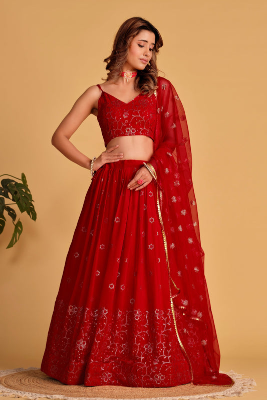 Red Women's Georgette Embroidery Lehenga Choli