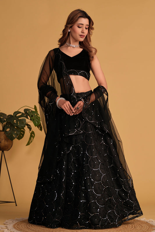 Black Women's Organza Net Embroidery Lehenga Choli