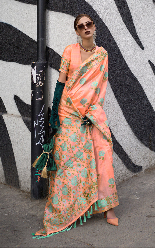 Â Peach woven saree