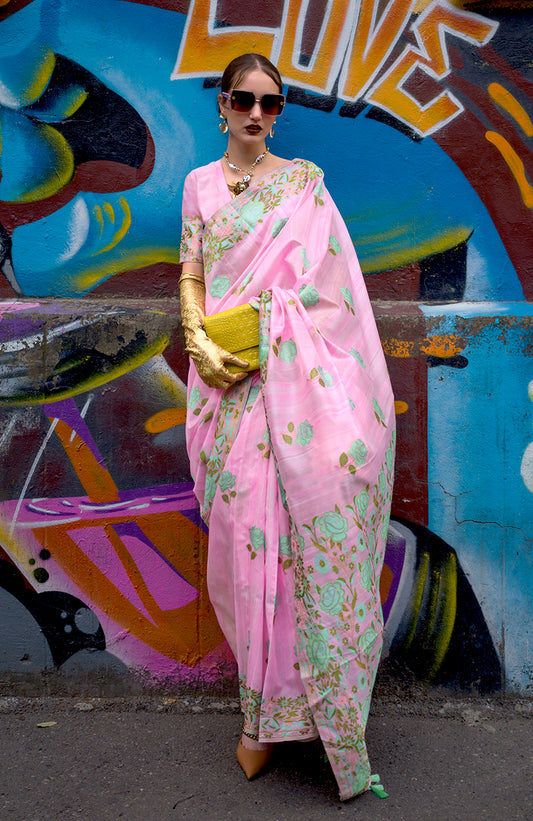 Â Pink woven saree