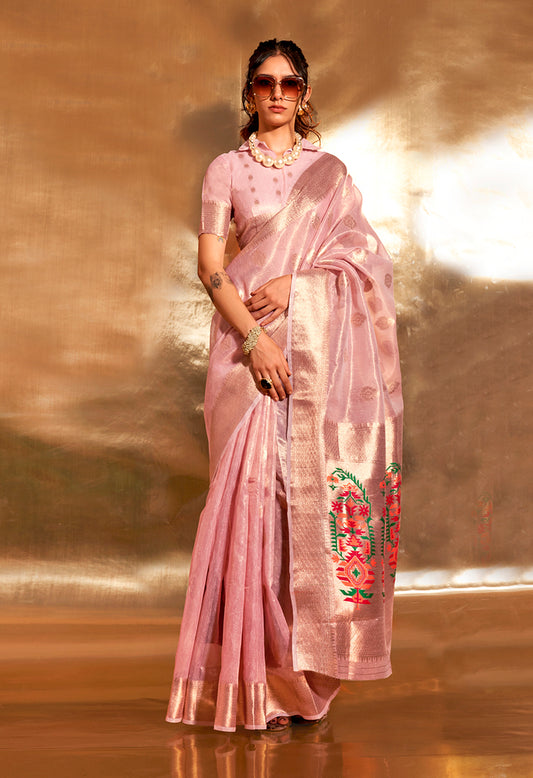 Baby pink woven saree