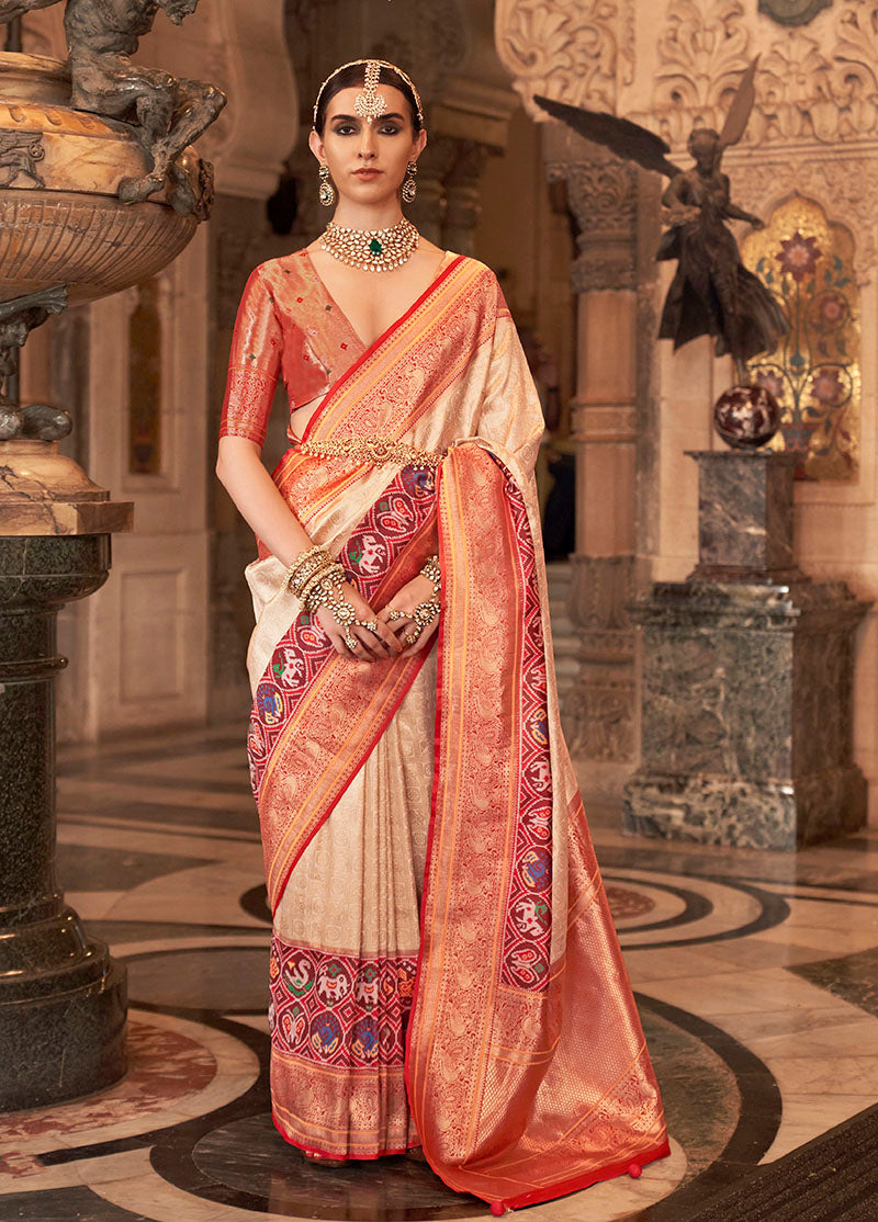 Beige Zari Woven Banarasi Silk Saree