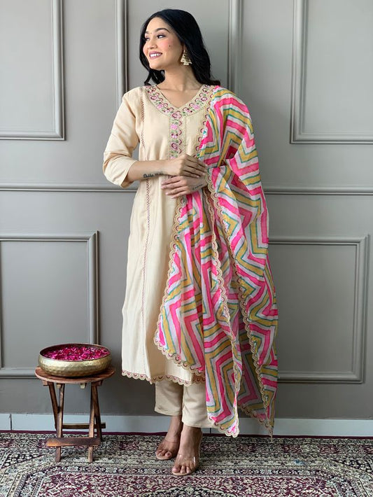 Beige Viscose Chanderi Designer Embroidery Work With Printed Festive wear Salwar Suit