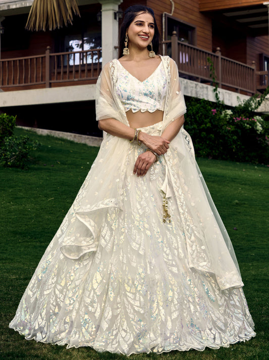 White Women's Soft Net Embroidery Lehenga Choli