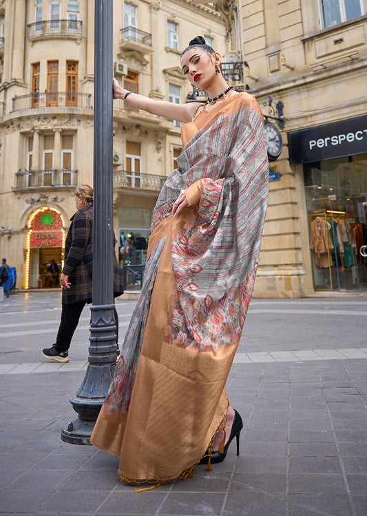 Grey floral print saree