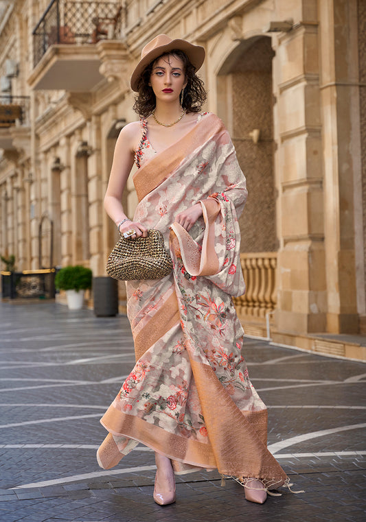 Cream floral print saree