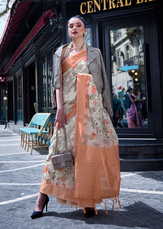 Off white floral print saree