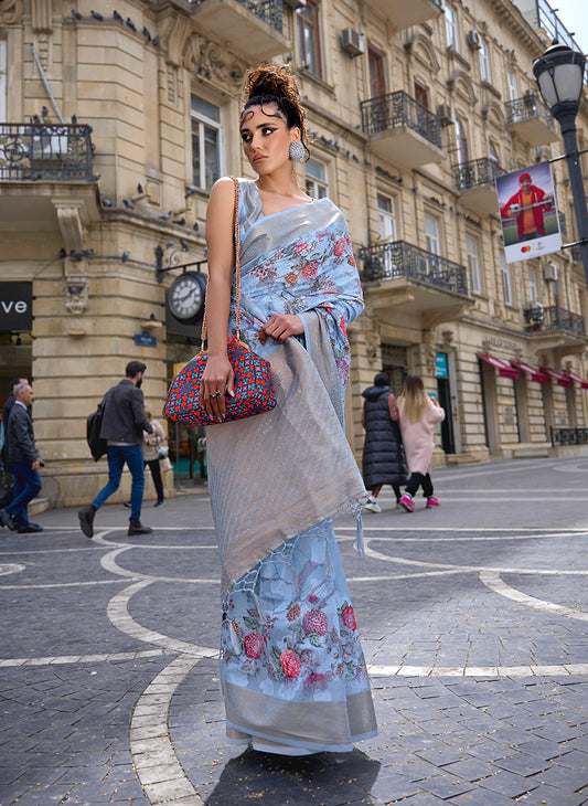 Sky blue floral print saree