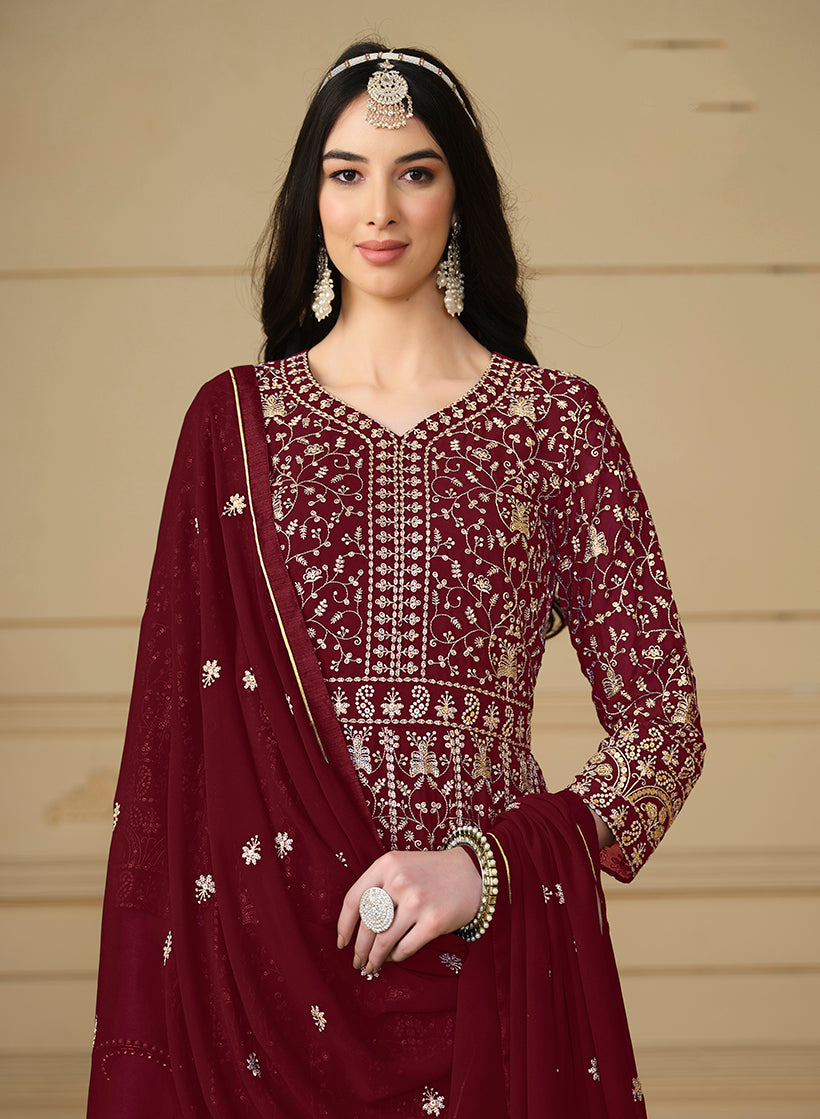 MaroonFaux GeorgetteEmbroideredKurta