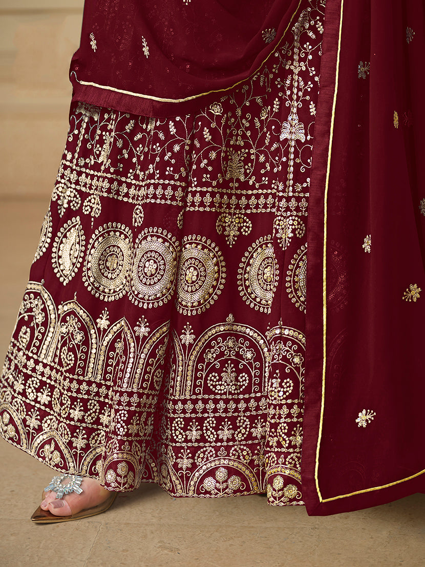MaroonFaux GeorgetteEmbroideredKurta