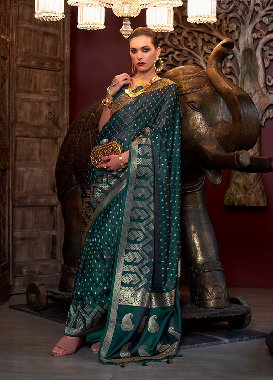 Dark green woven saree