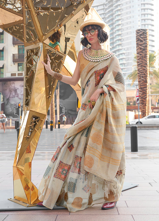 Beige printed saree