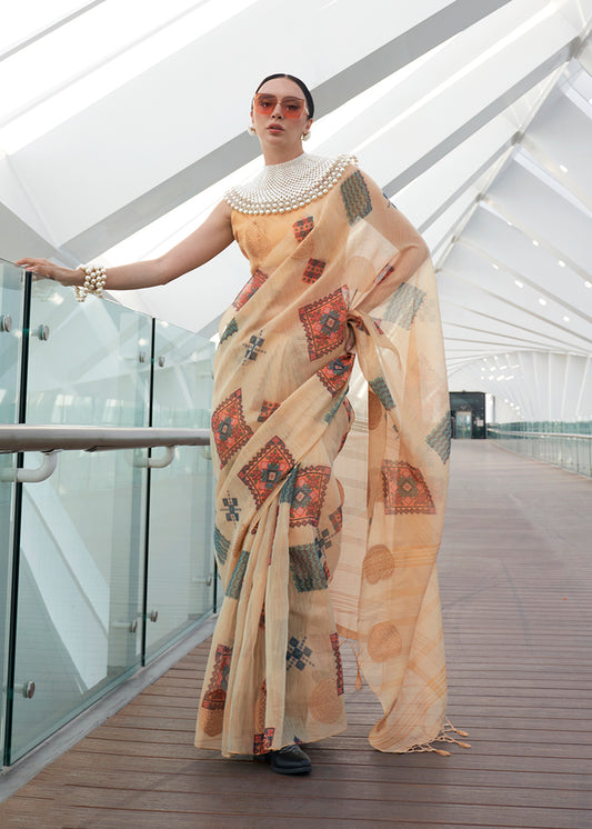 Light peach printed saree