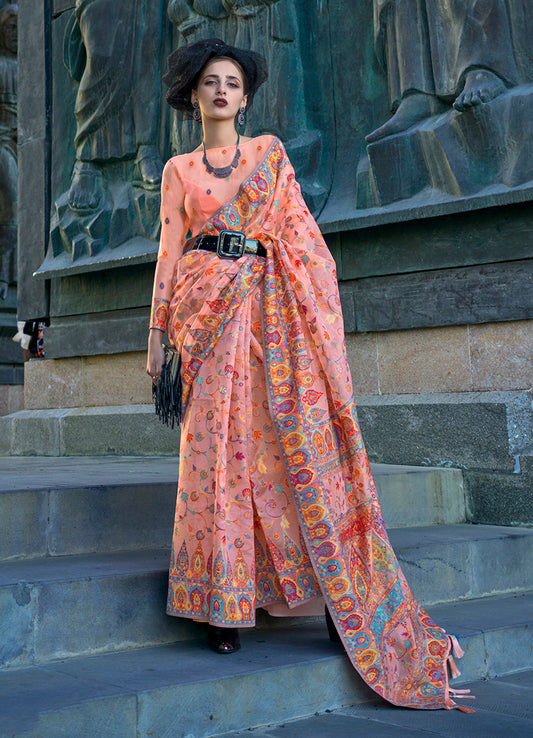 Peach woven saree