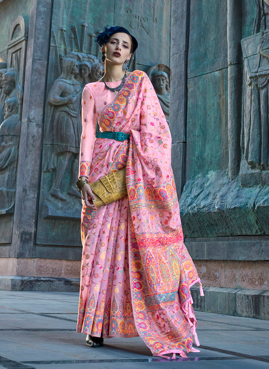 Baby pink woven saree