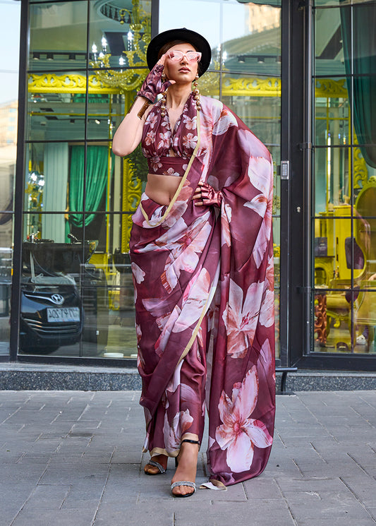 Wine floral print saree