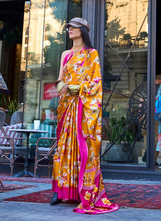 Mustard floral print saree