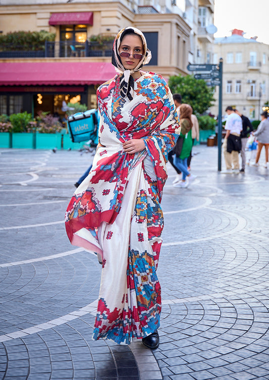 Off white abstract print saree