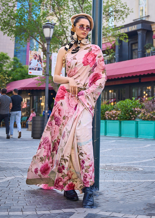 Beige floral print saree