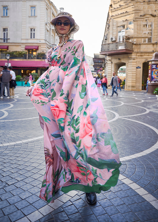 Baby pink floral print saree