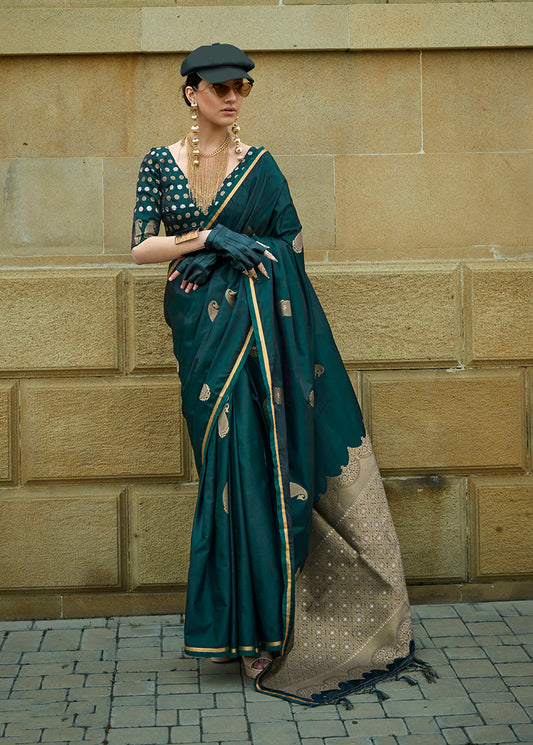 Dark green woven saree