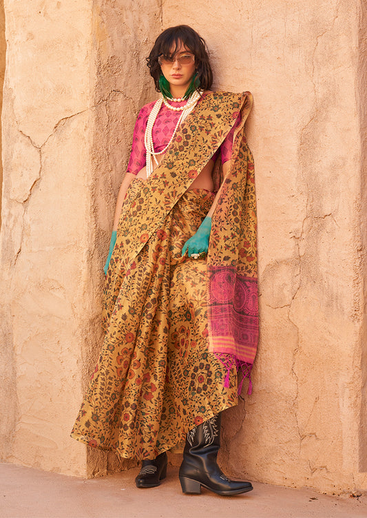 Mustard floral print saree